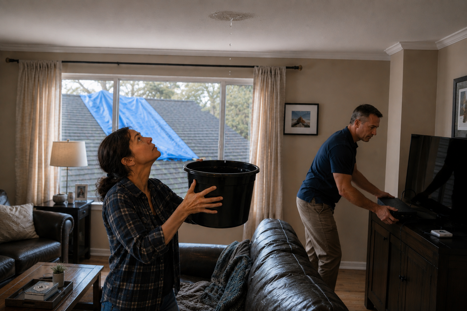Homeowner responding to roof leak
