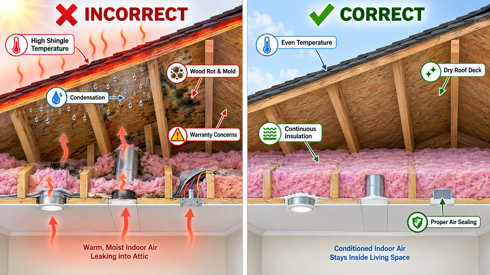  Incorrect versus correct unvented attic insulation