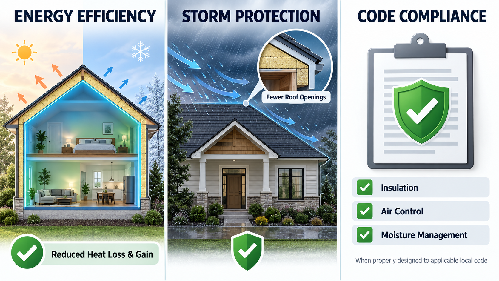 Unvented attic efficiency, storm protection, code compliance