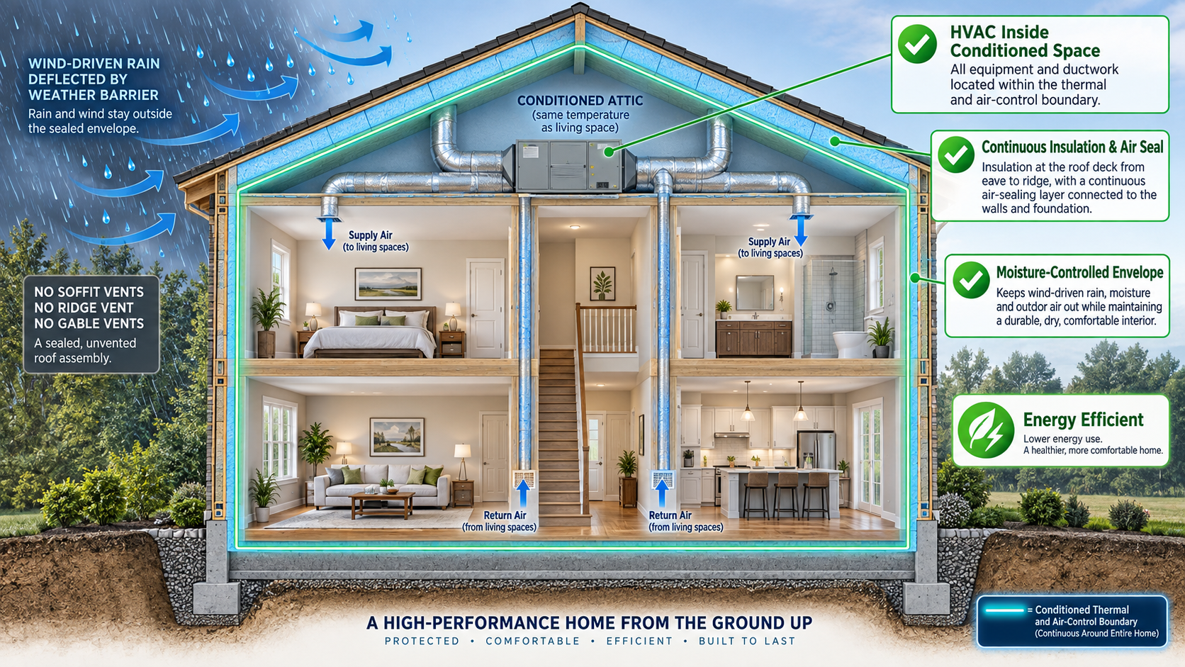 Conditioned attic insulation and moisture control