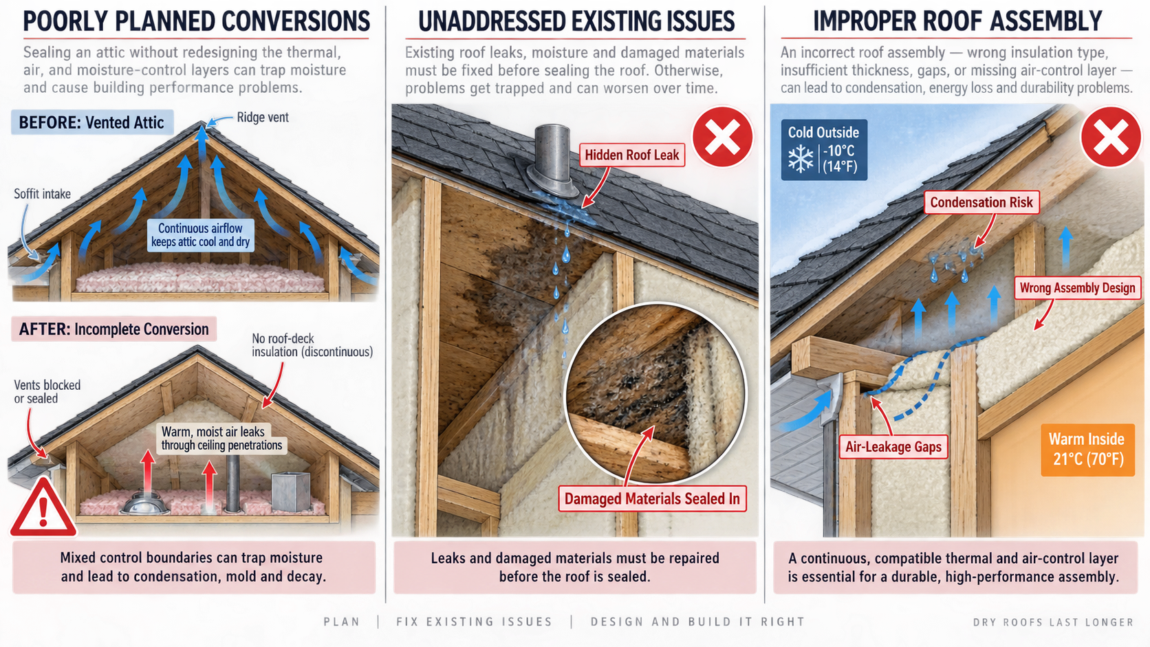 Unvented attic conversion, leaks, and assembly errors