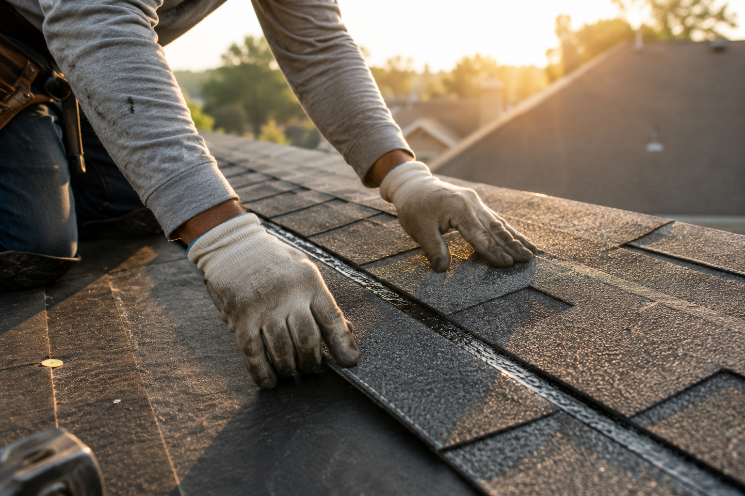 Roofer pressing asphalt shingles in sunlight