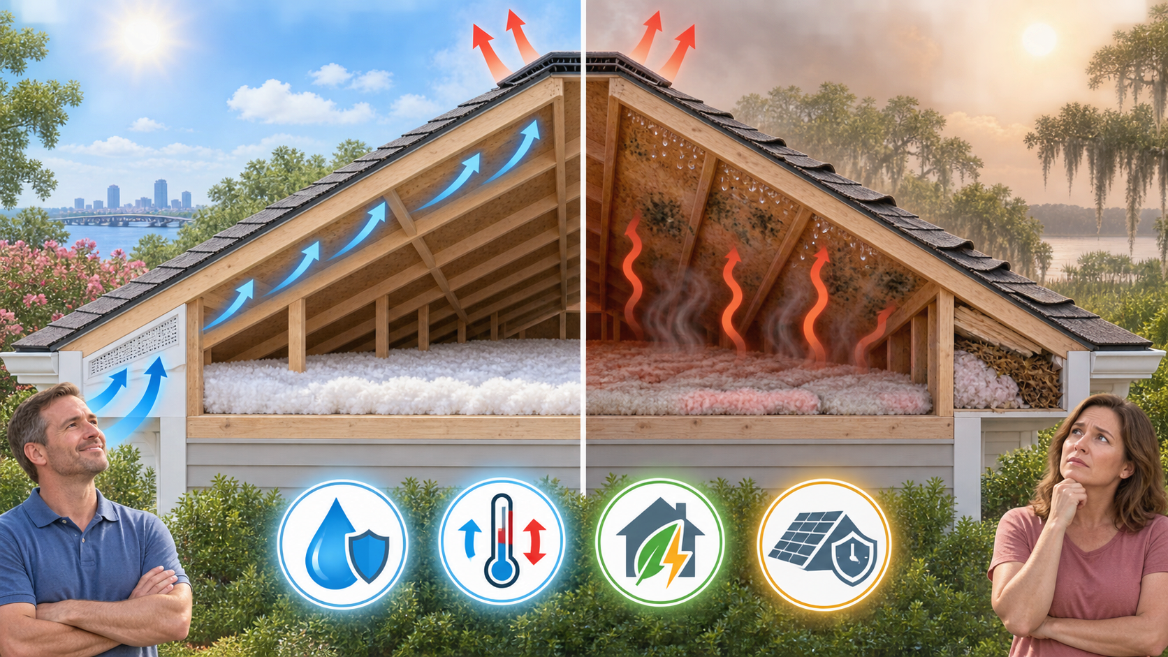 Vented attic airflow versus trapped roof heat
