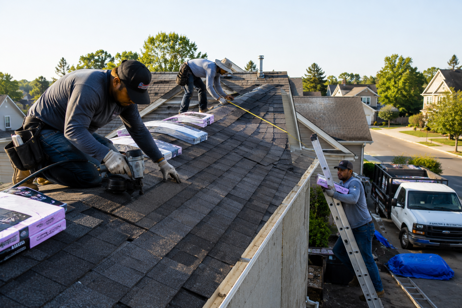 Roofing crew installing shingles on rooftop