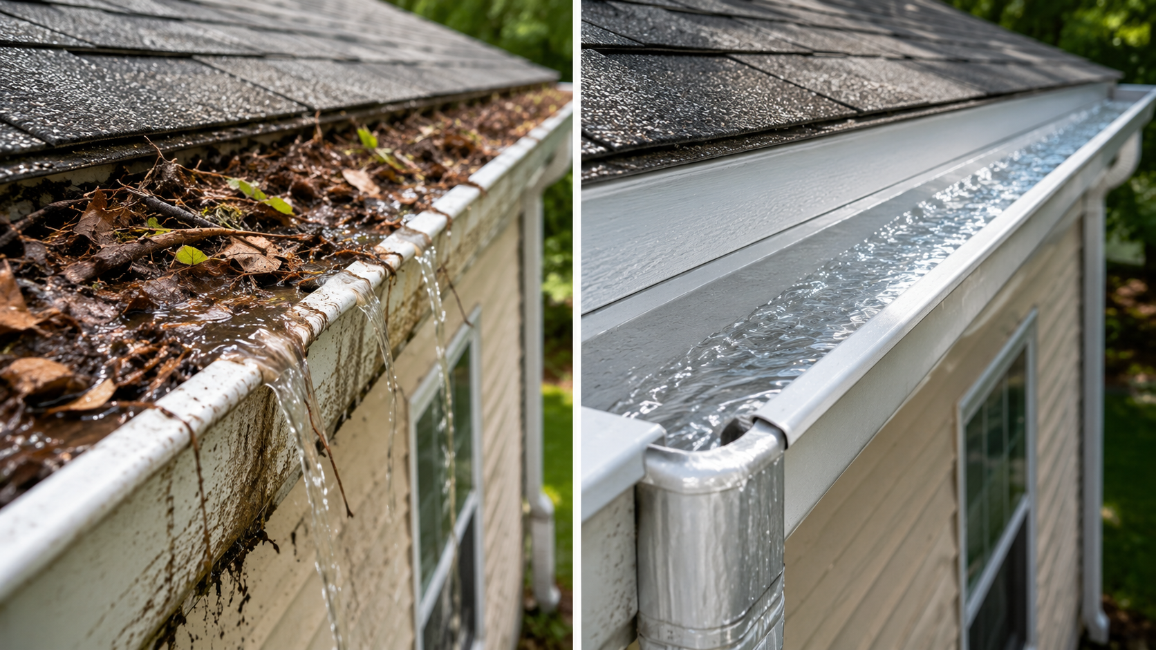 Clogged and clean gutters showing water flow