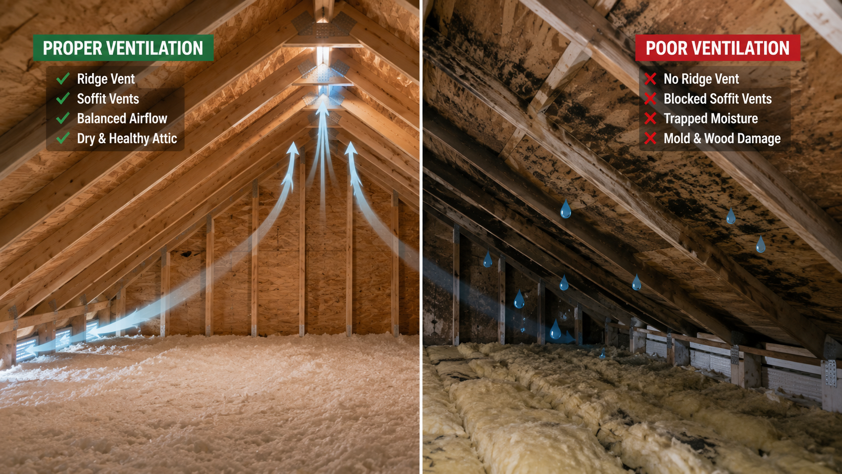 Attic ventilation showing good and poor airflow