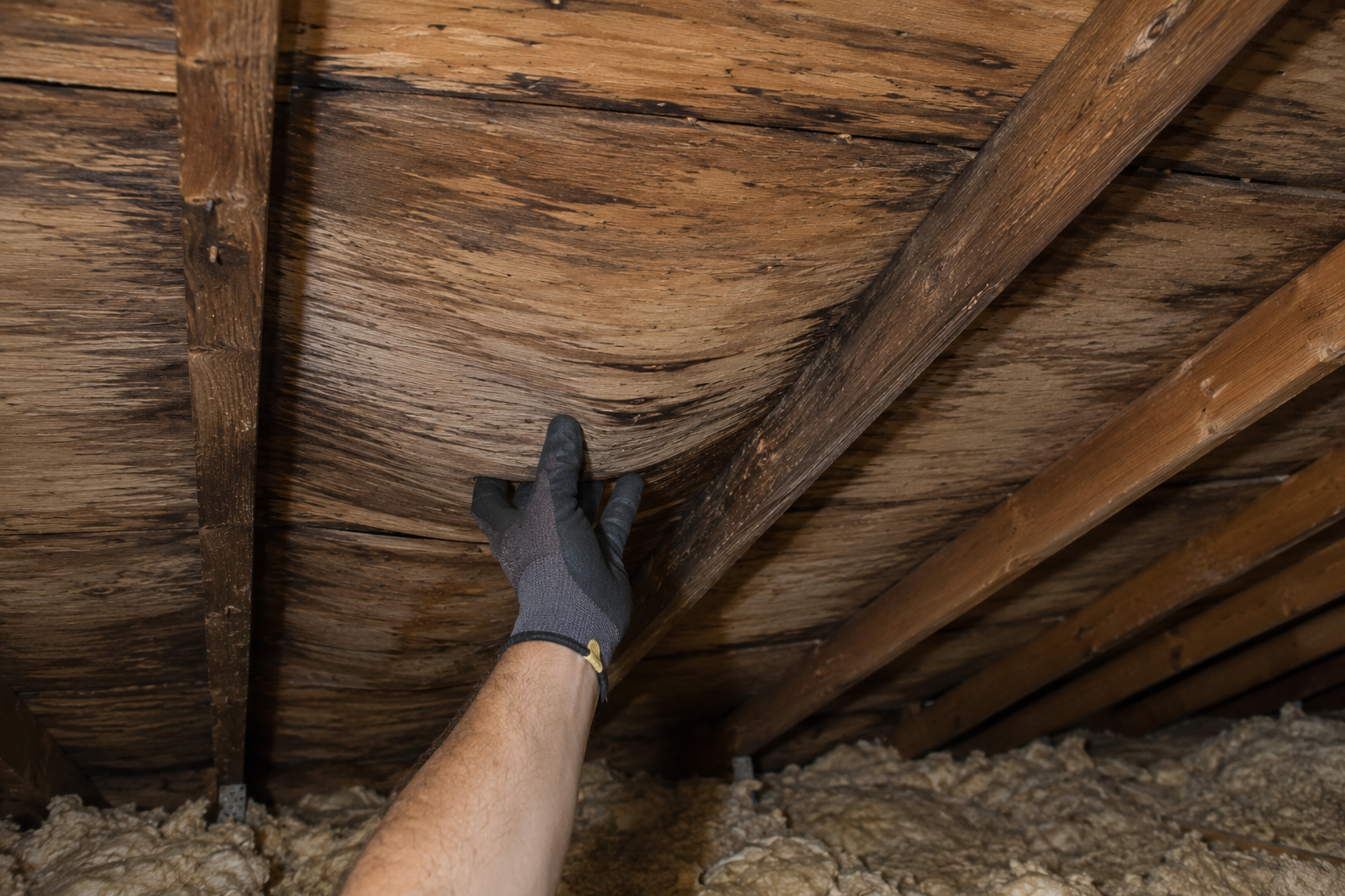 Sagging, warped attic roof decking under pressure.