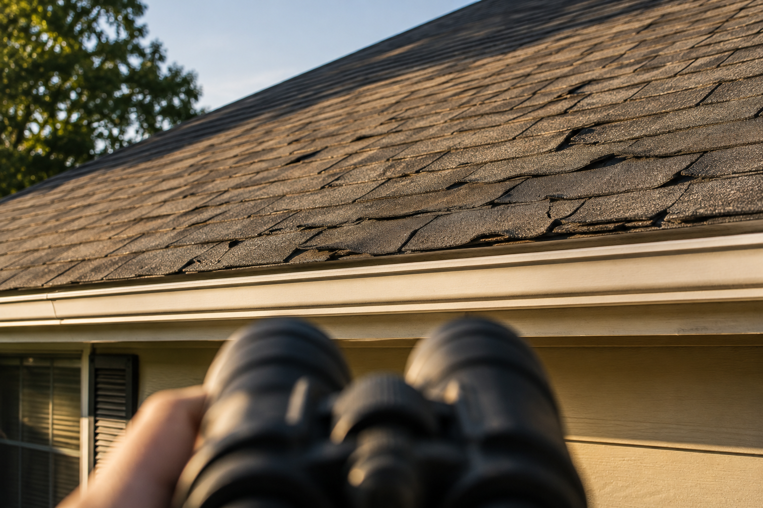 Curled and cracked shingles viewed through binoculars.