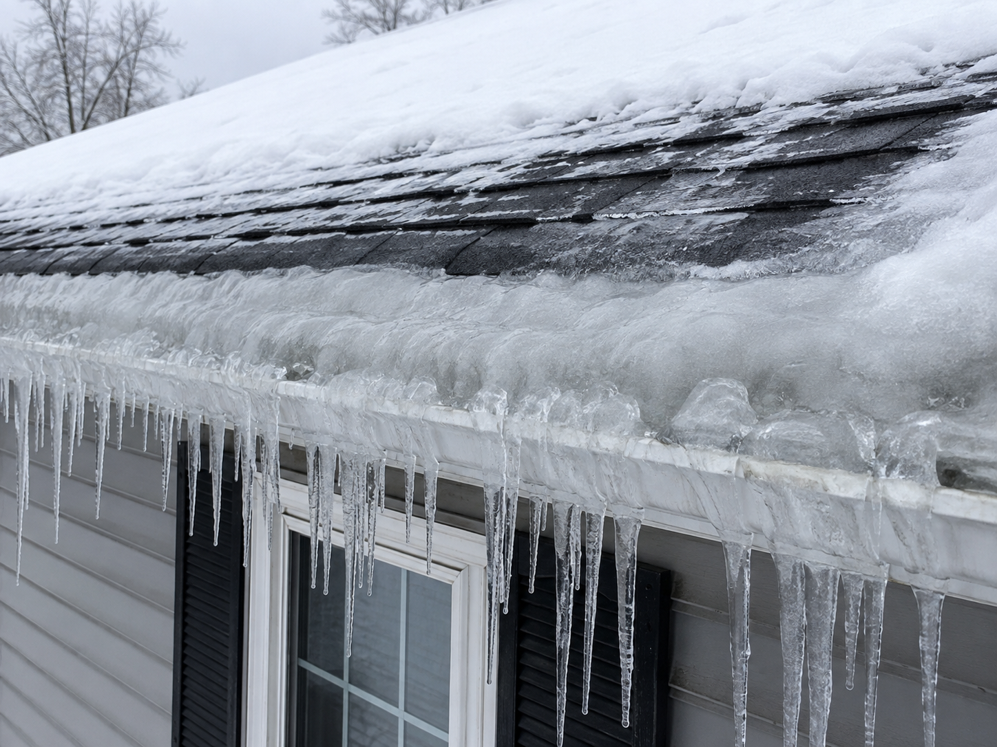Winter roof ice dam with icicles