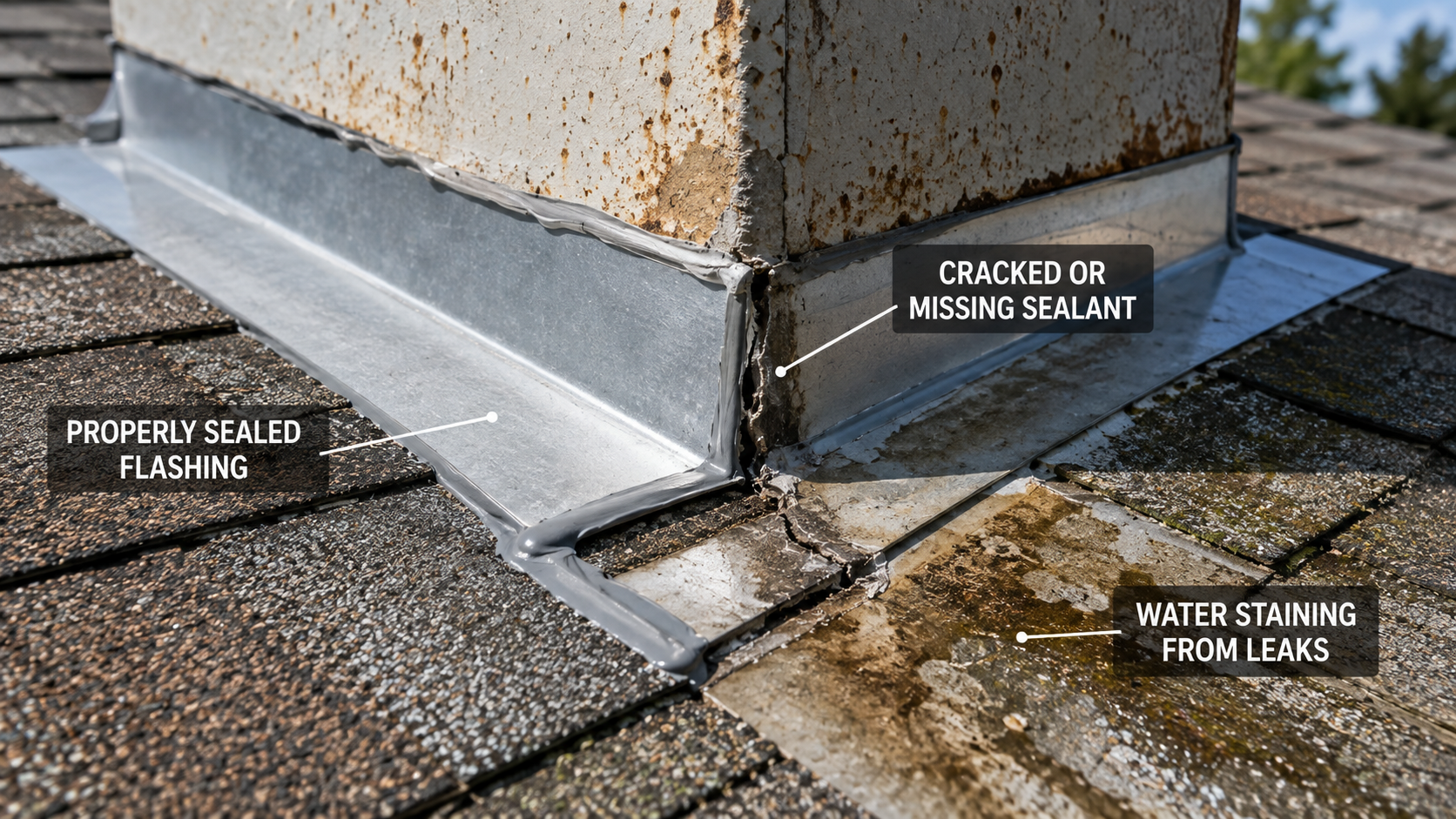 Roof flashing showing cracked sealant damage