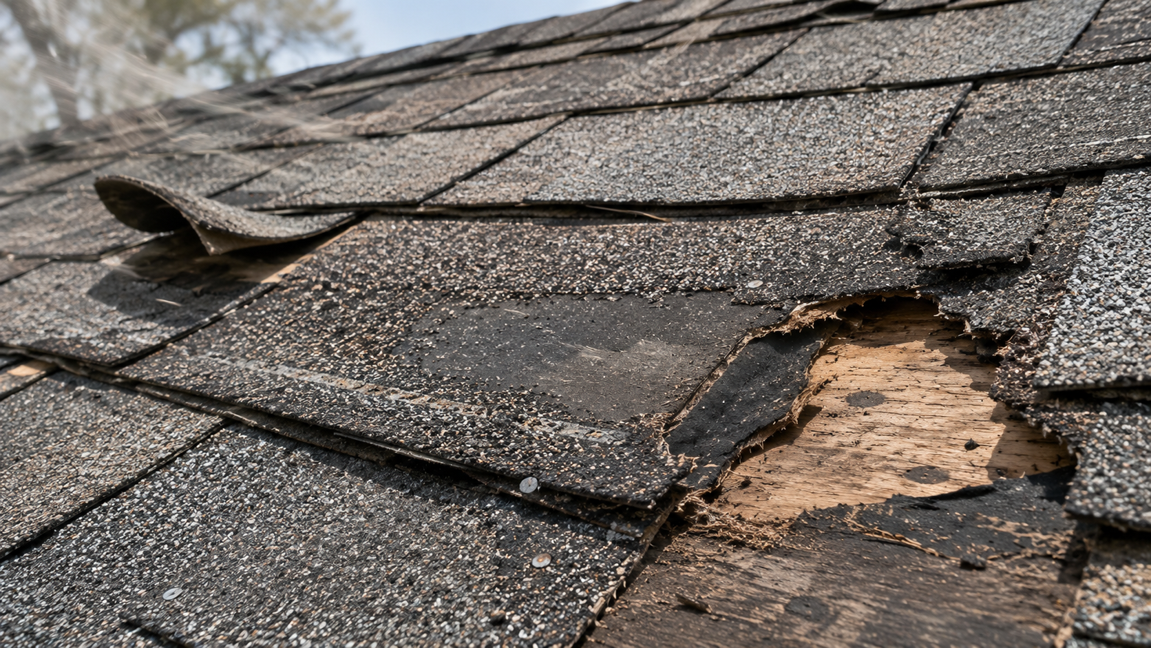 Damaged roof shingles with exposed decking