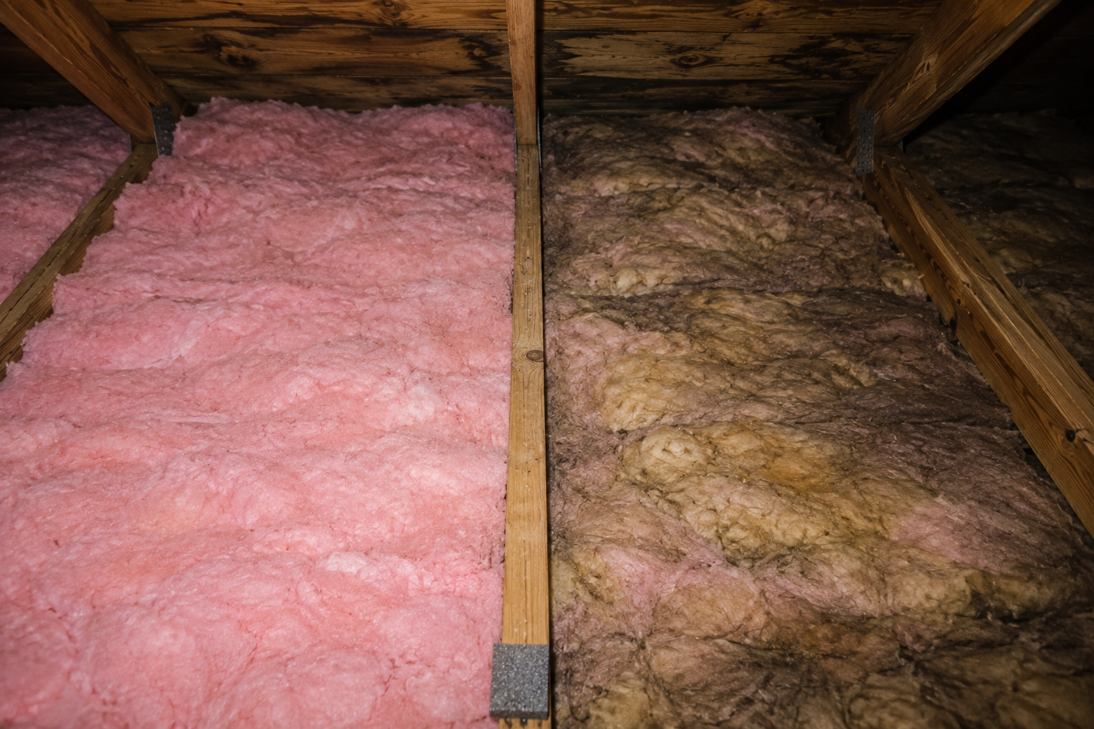 Healthy versus moisture-damaged attic insulation.