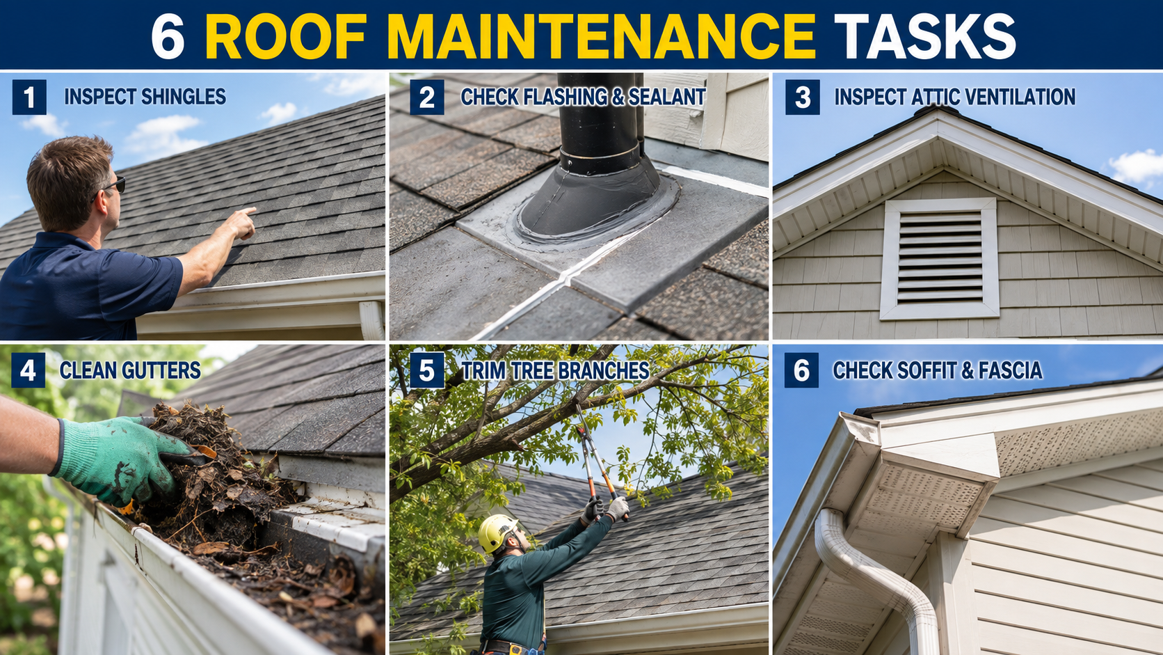 Six roof maintenance tasks shown together