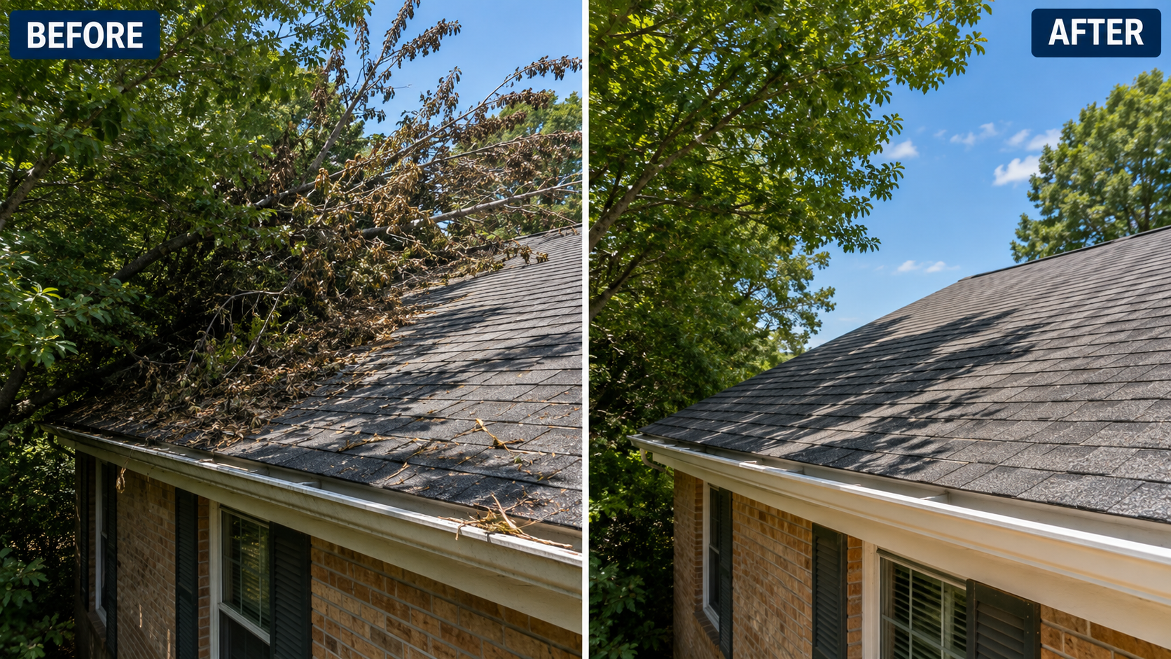Overgrown branches before and after trimming