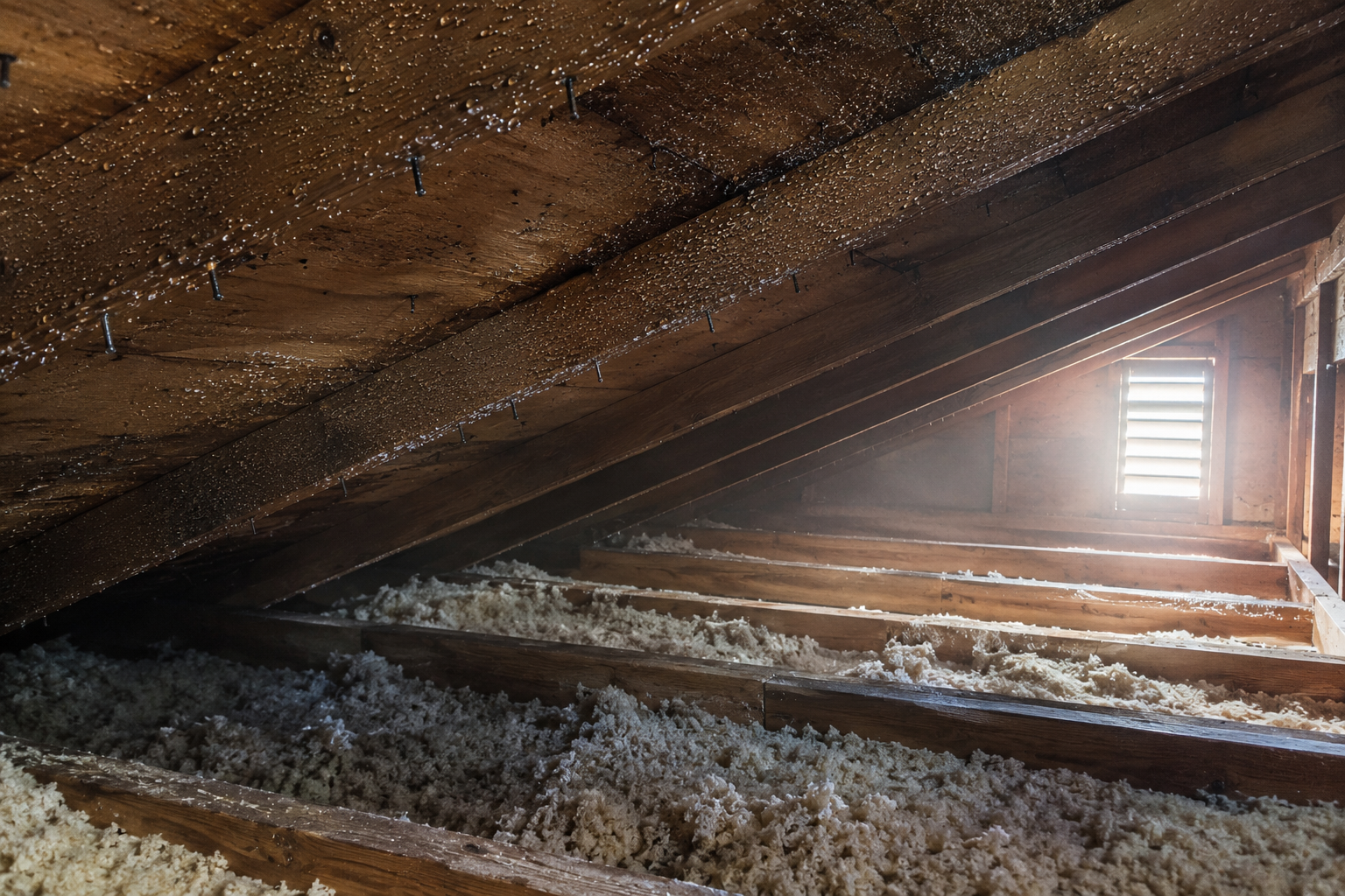 Condensation droplets on attic roof wood.