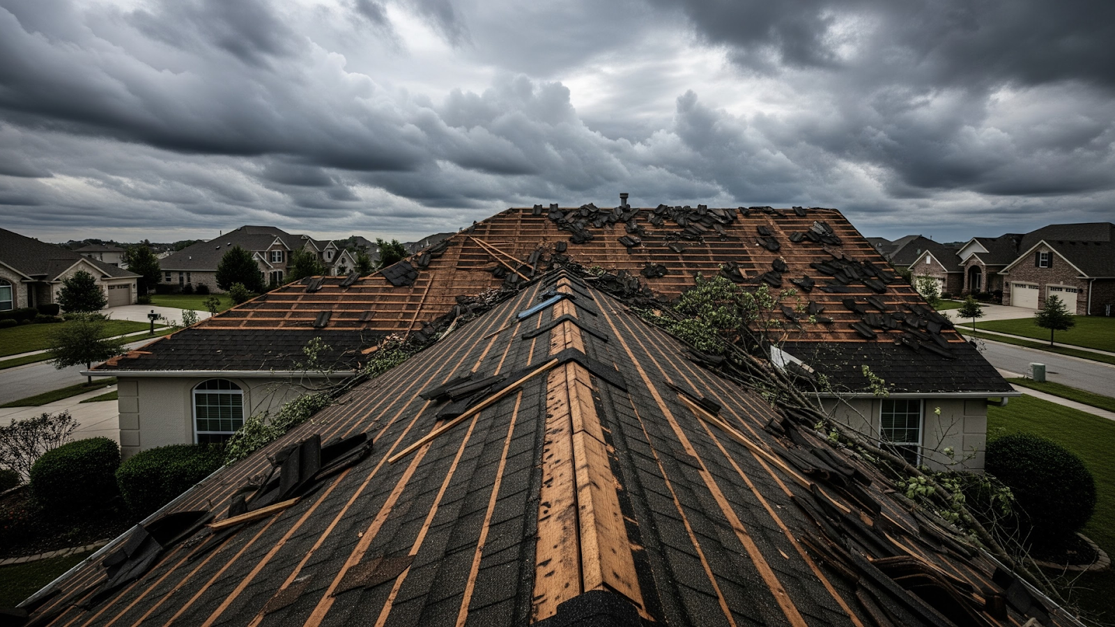 Home with roof damage after a heavy storm.