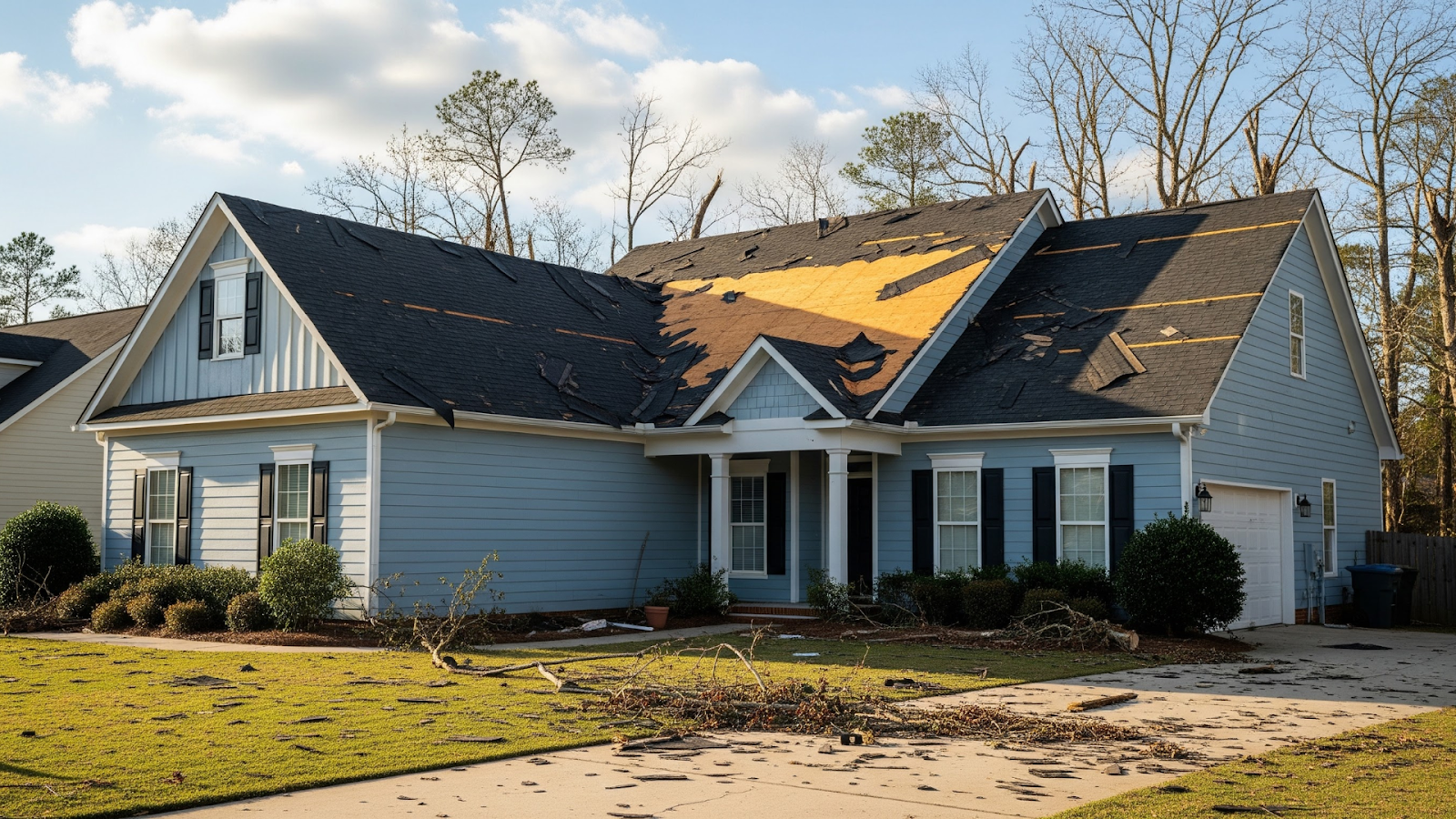 North Carolina home with roof damage after a heavy storm.