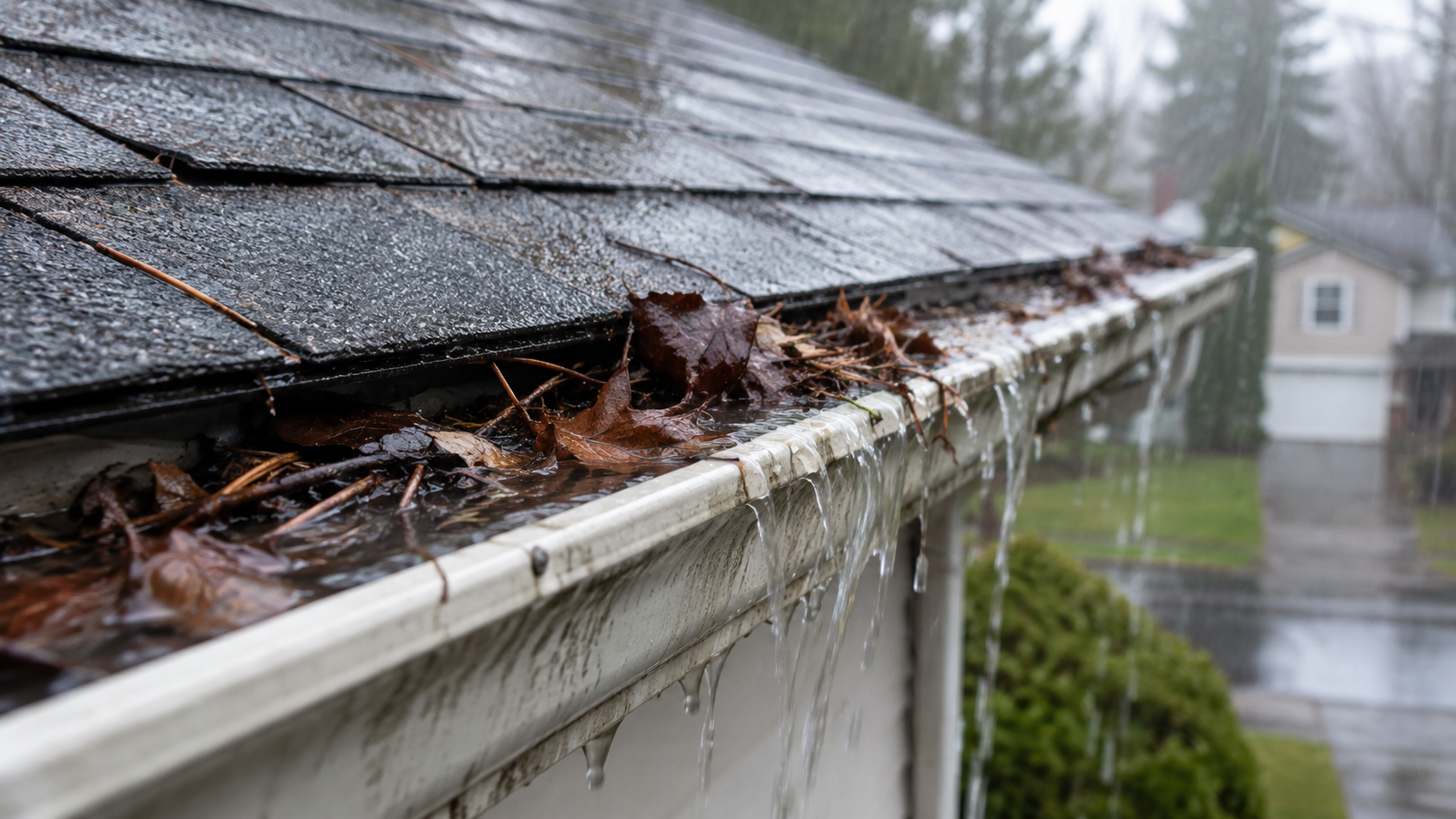 A clogged gutter overflowing with rainwater