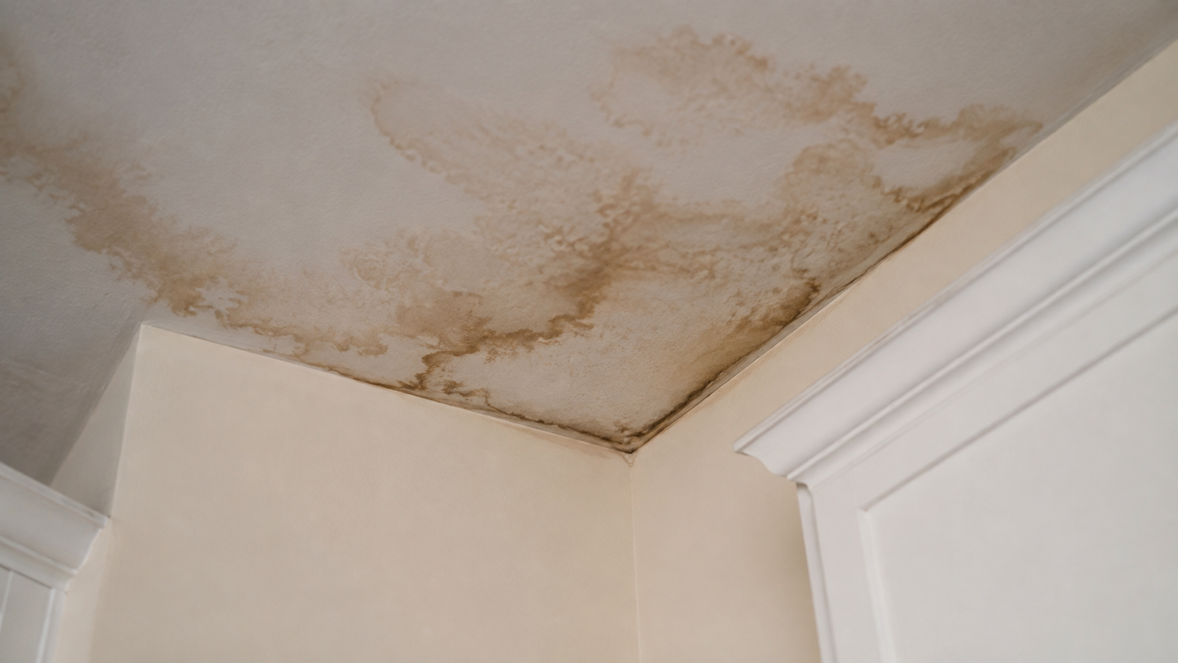 A ceiling corner with water stains