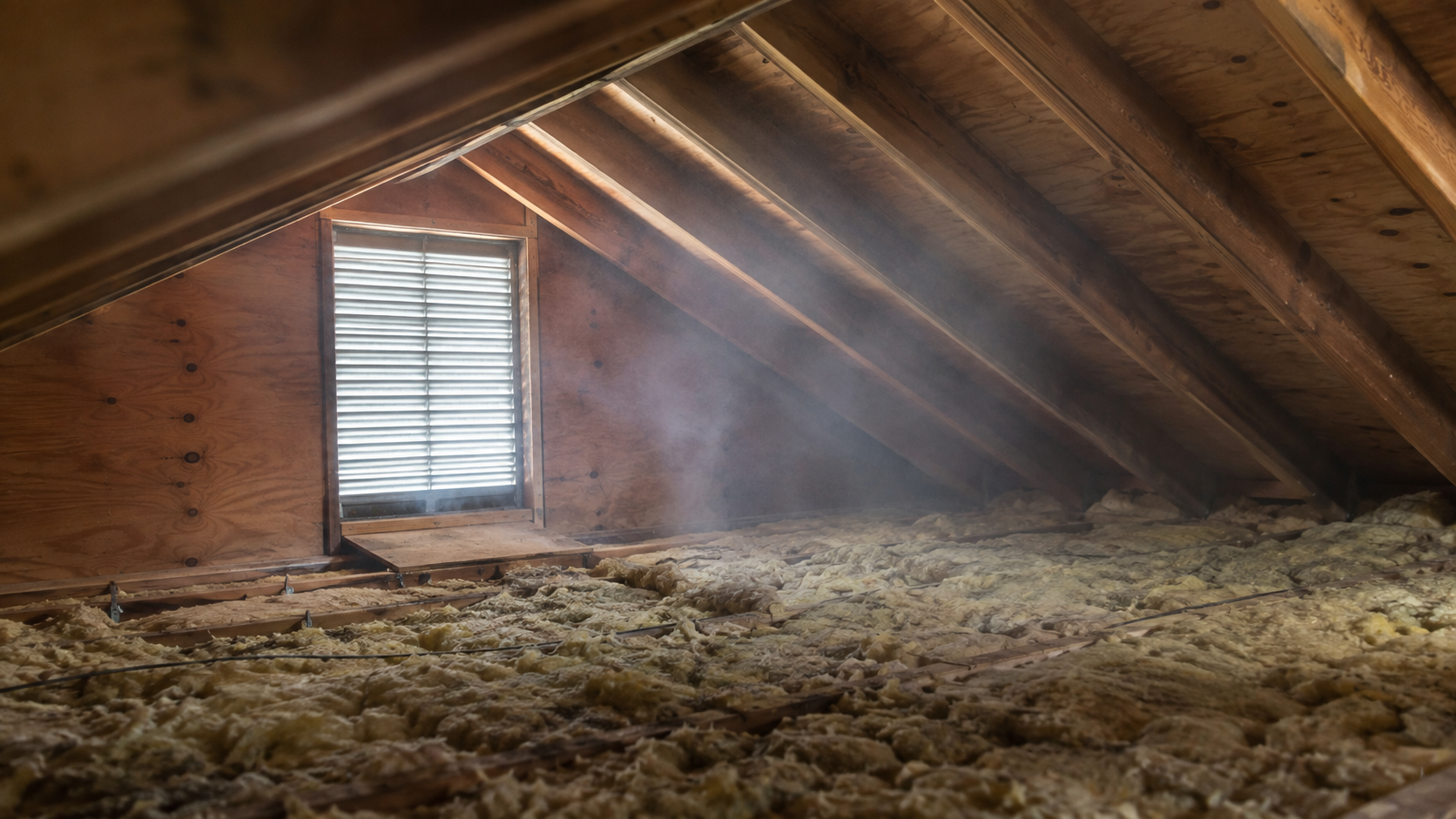 An attic with roof vent insulation