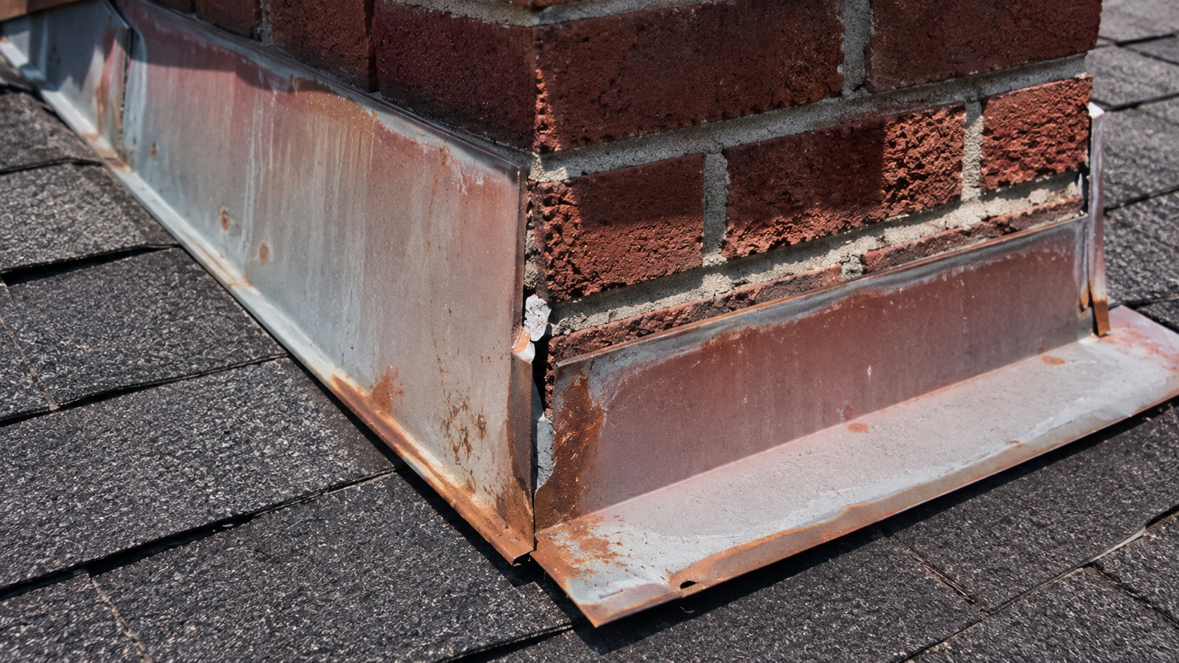 A chimney with rusted roof flashing