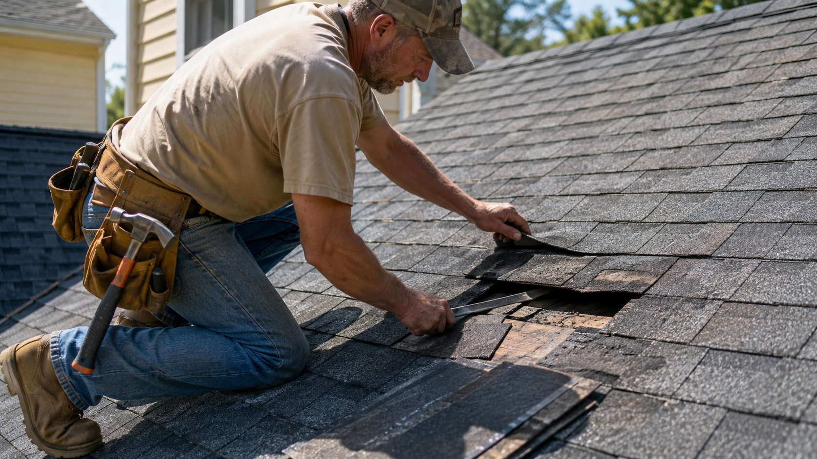 Contractor repairing damaged asphalt shingles