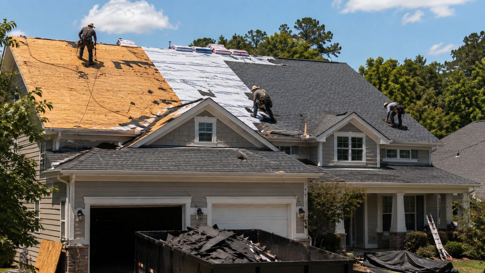 Workers replacing residential asphalt roof