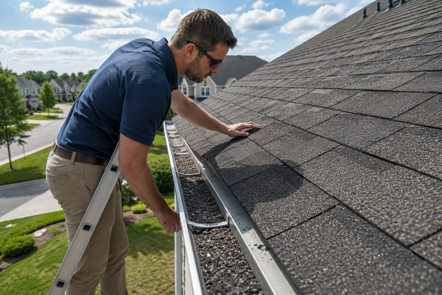 Homeowner inspecting hail-damaged asphalt roof