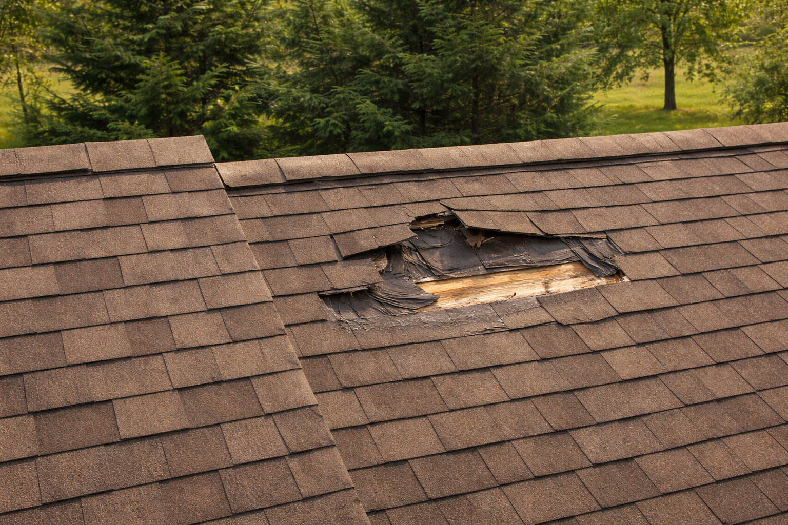 Close-up of a damaged asphalt shingle roof