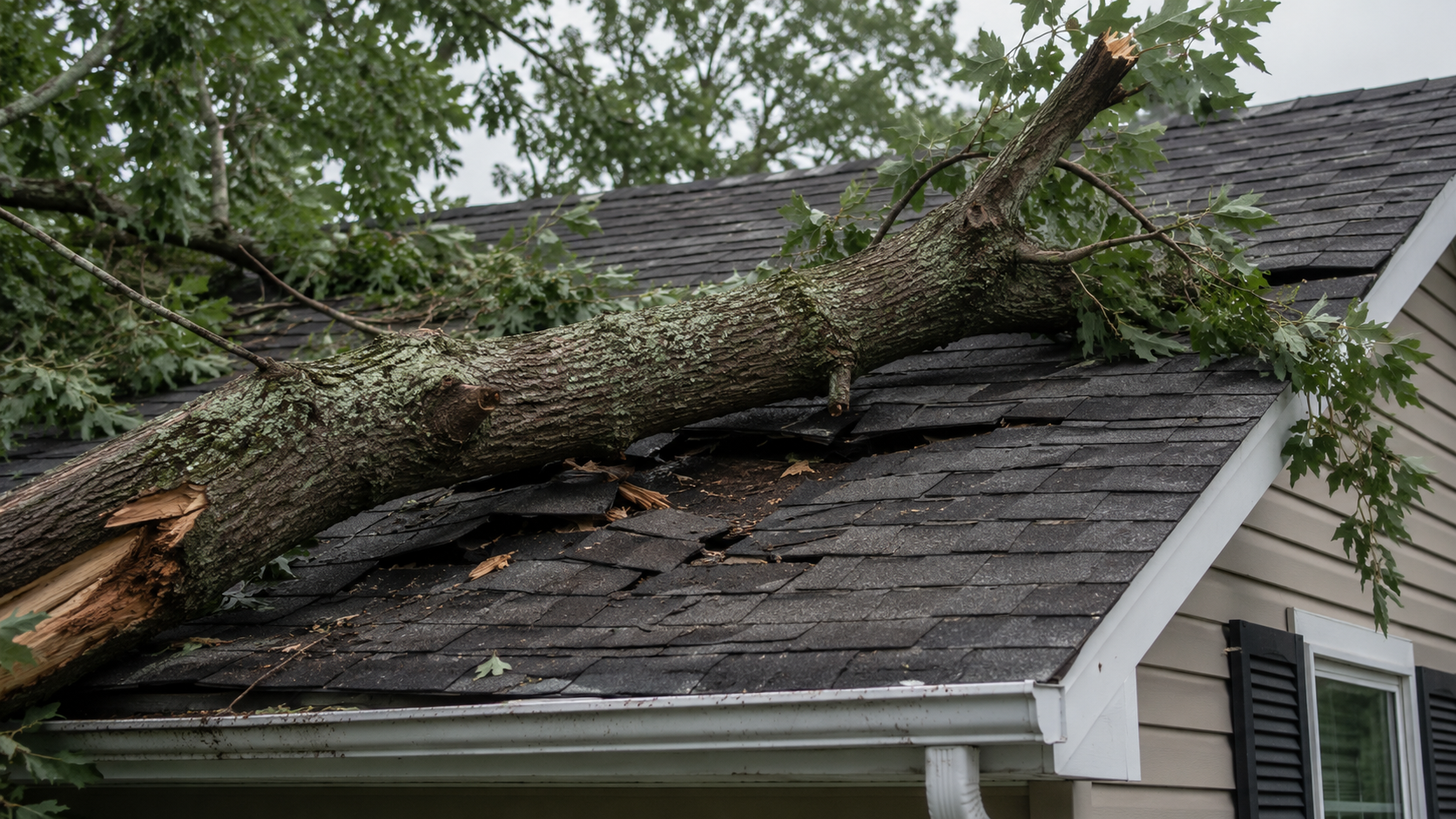 Tree branch damaged residential roof