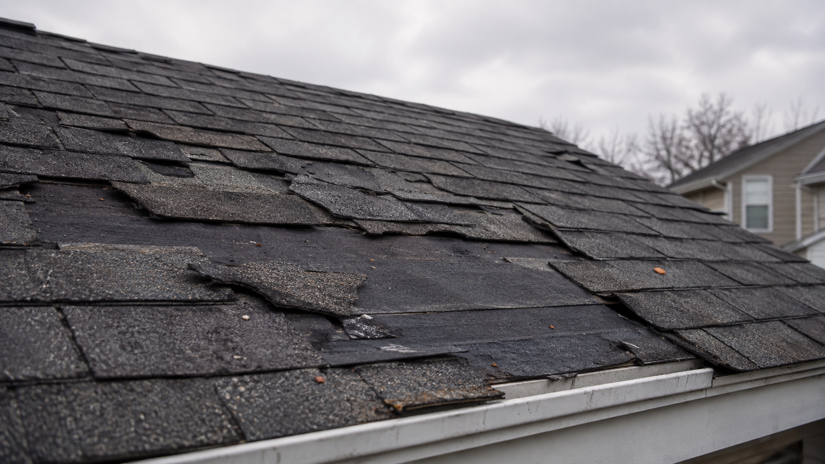 Damaged roof with missing shingles.