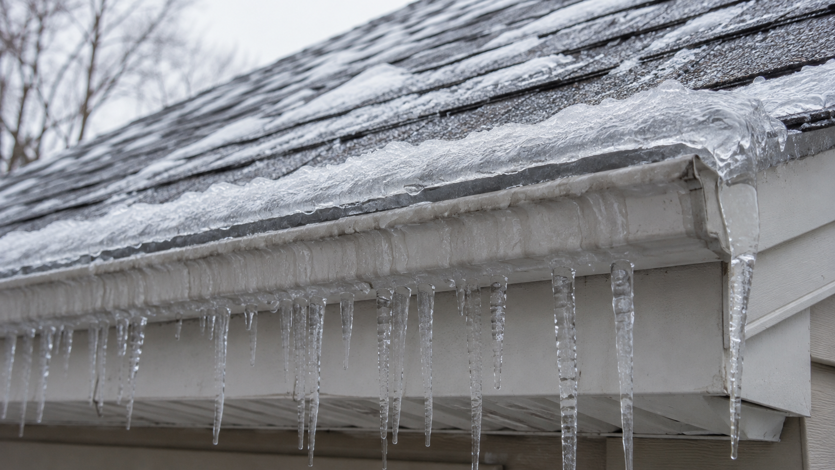 Icicles hanging from roof gutter