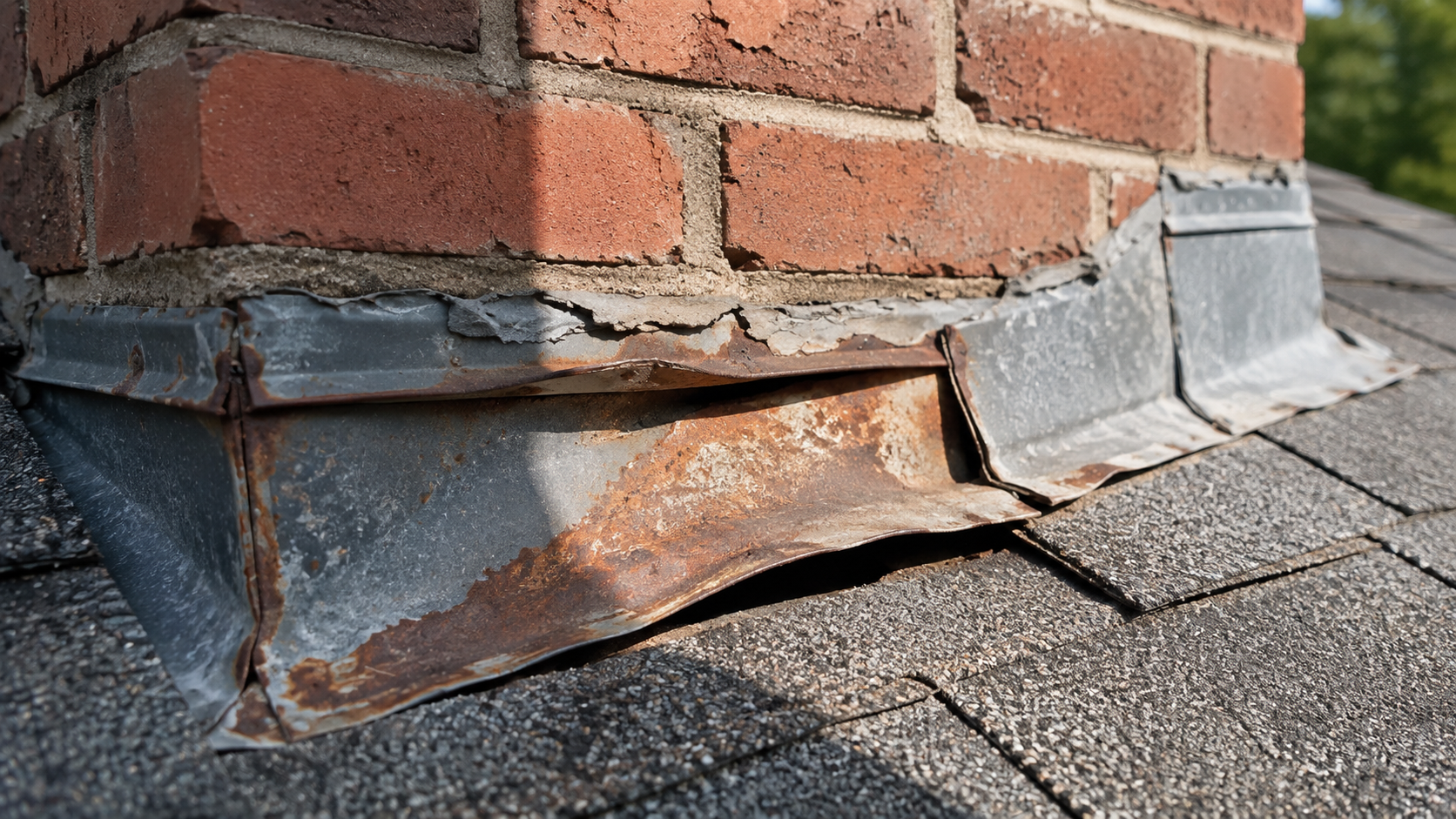 Damaged chimney flashing on roof