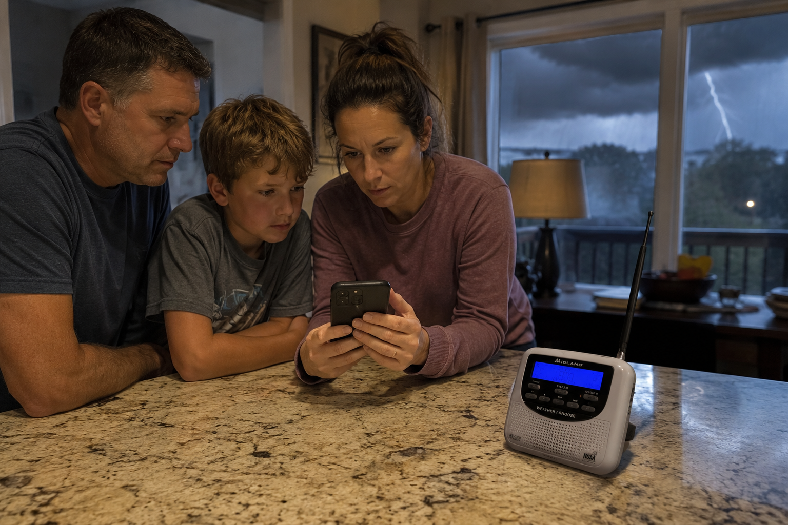 Family viewing emergency weather updates