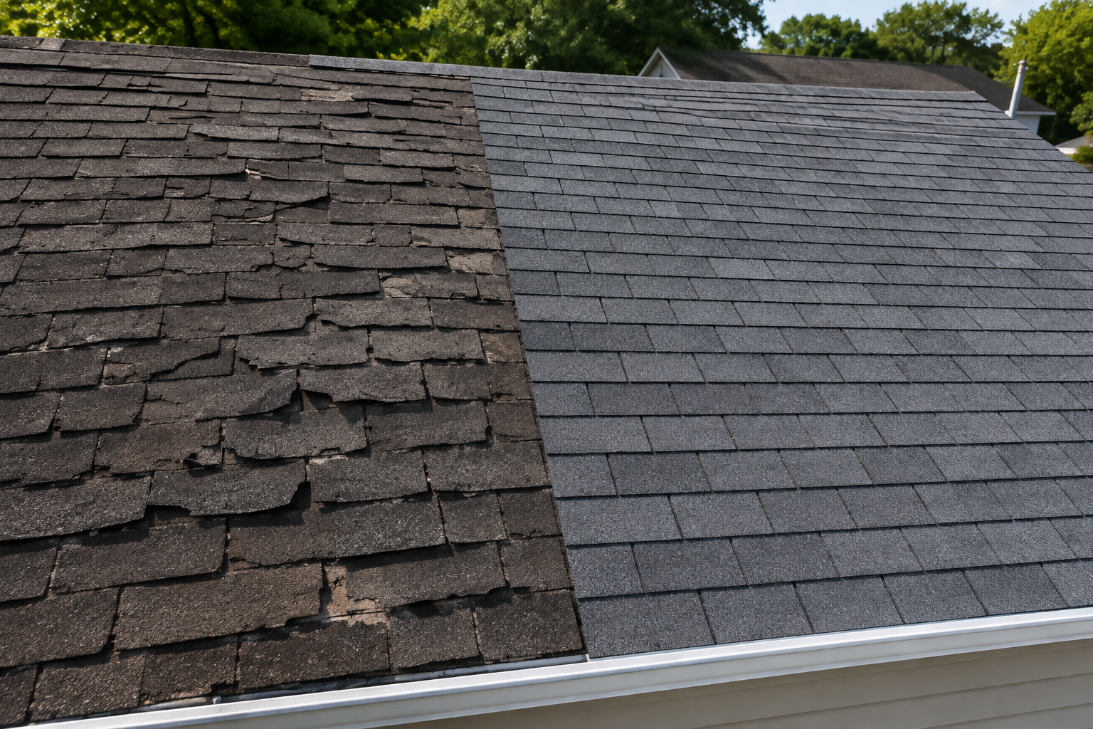 New shingles beside damaged roof