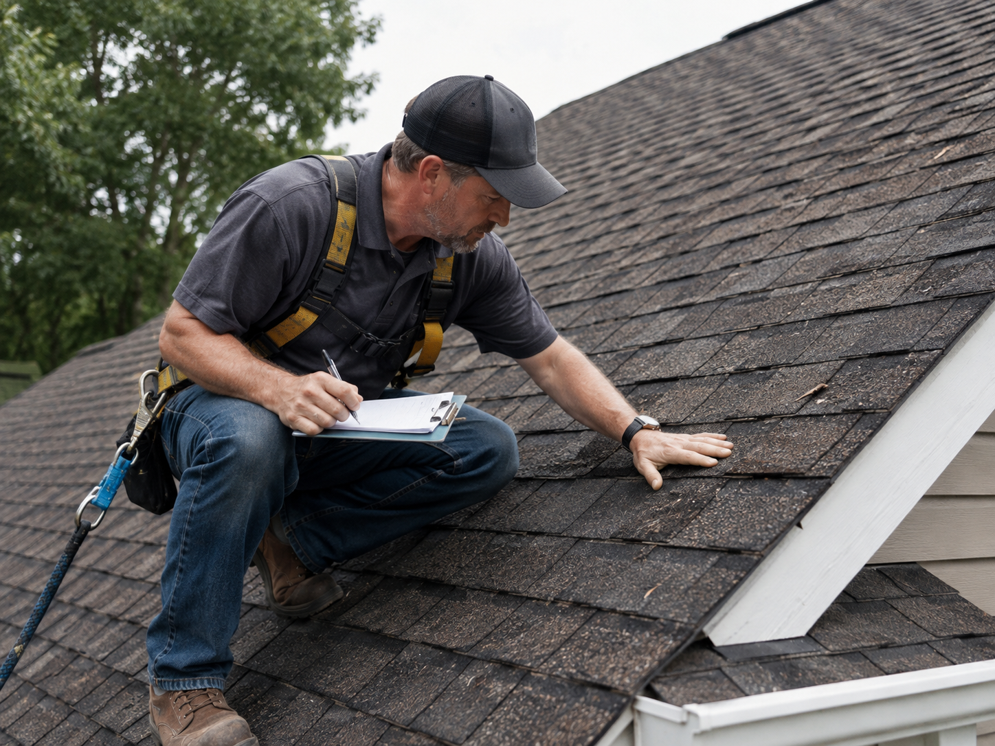 A professional roofing contractor inspecting hidden storm-damaged roof
