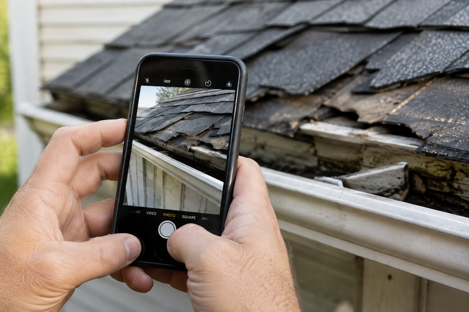 Photographing storm-damaged roof with smartphone