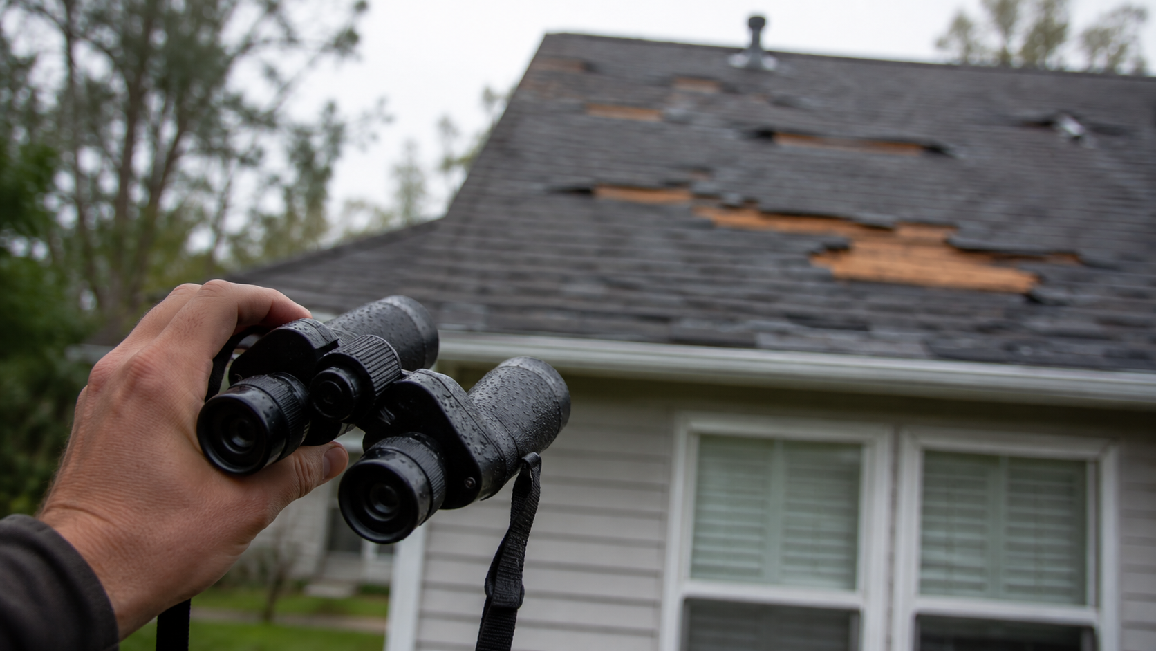 Homeowner using binoculars to inspect roof damage after being hit by a tornado