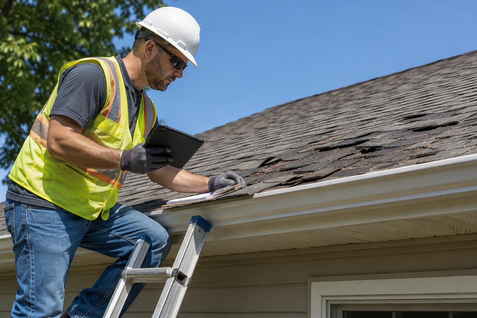 Professional inspecting asphalt shingle roof