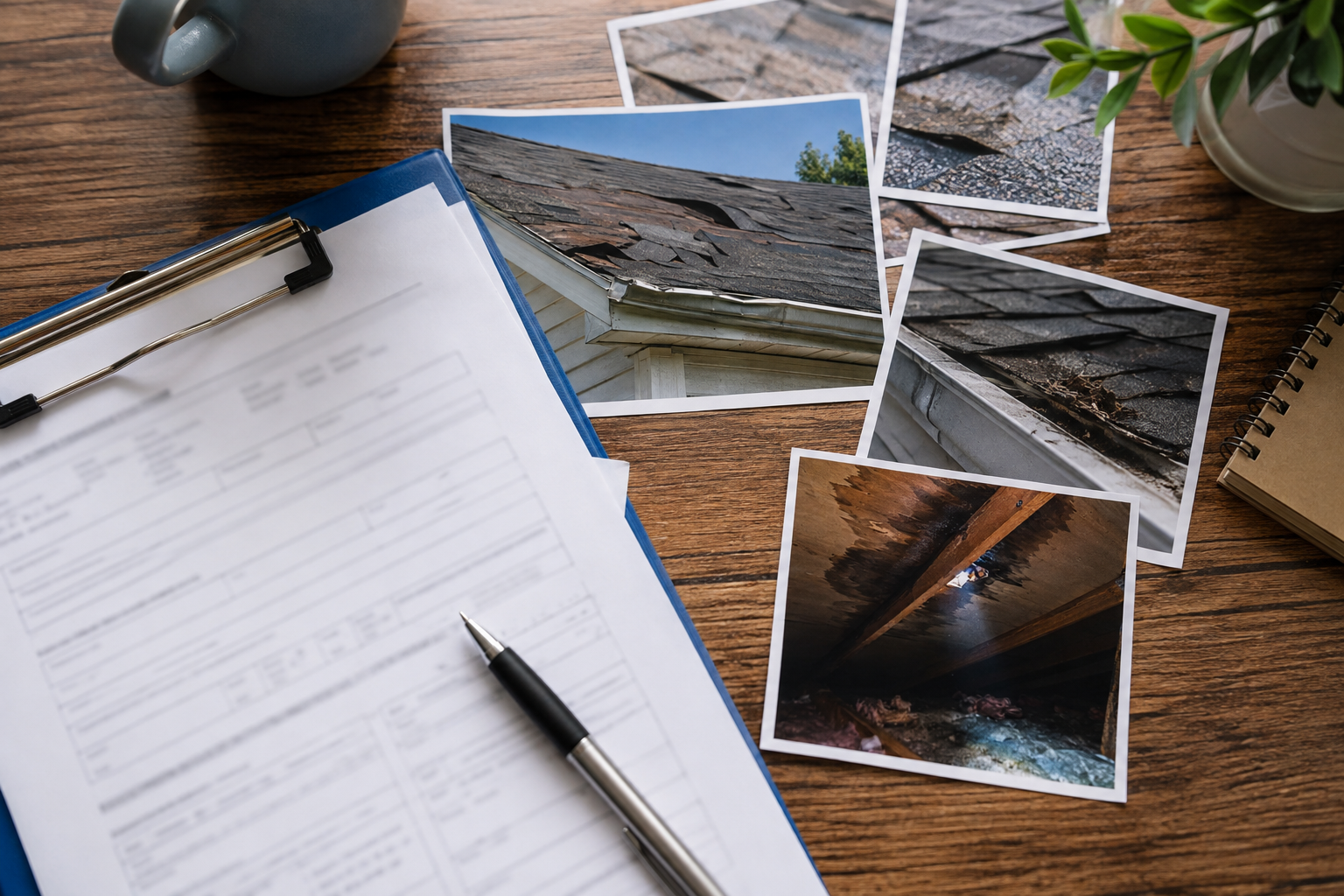 Home insurance documents and damage photos