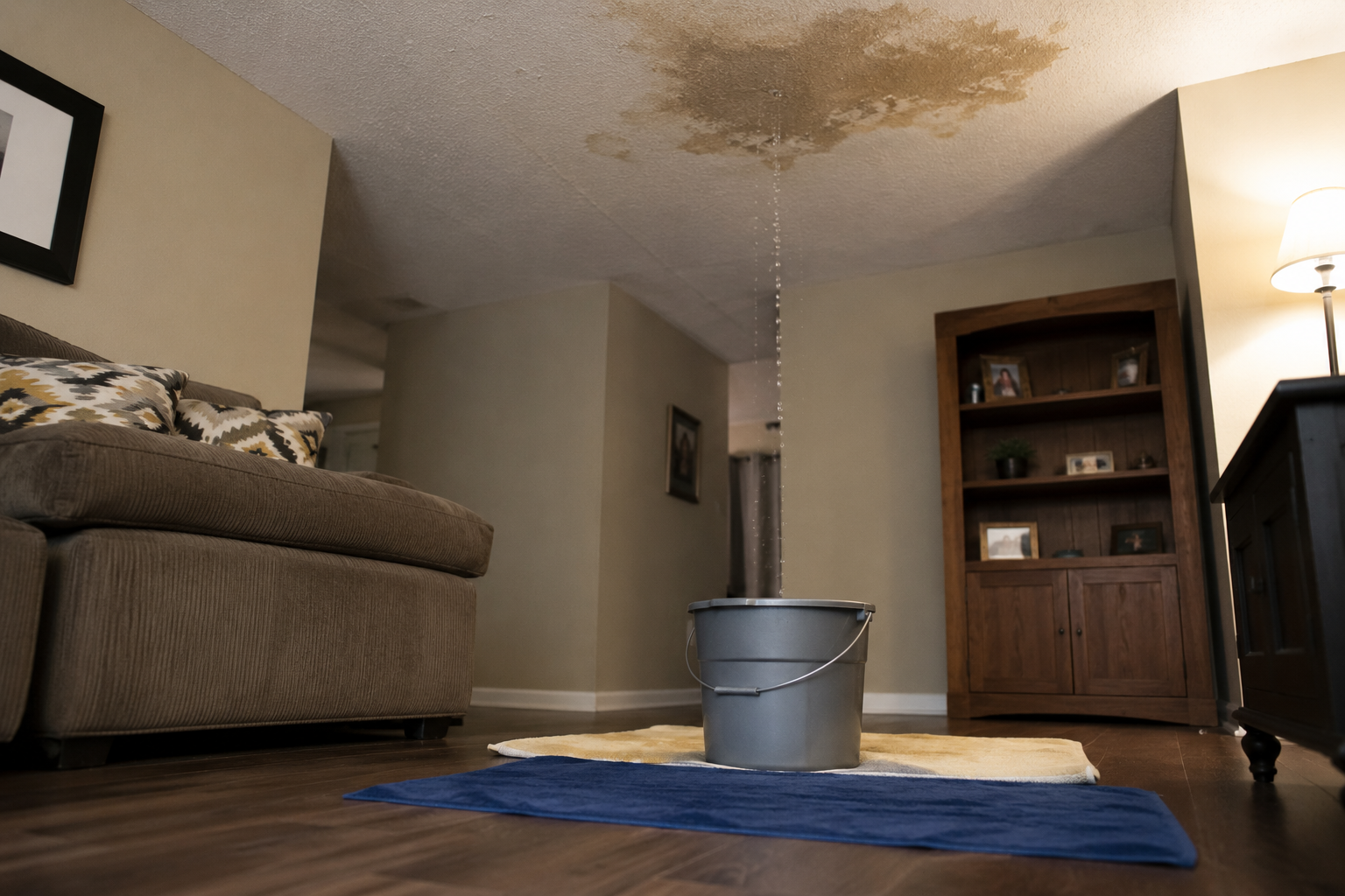 Home interior with roof leak
