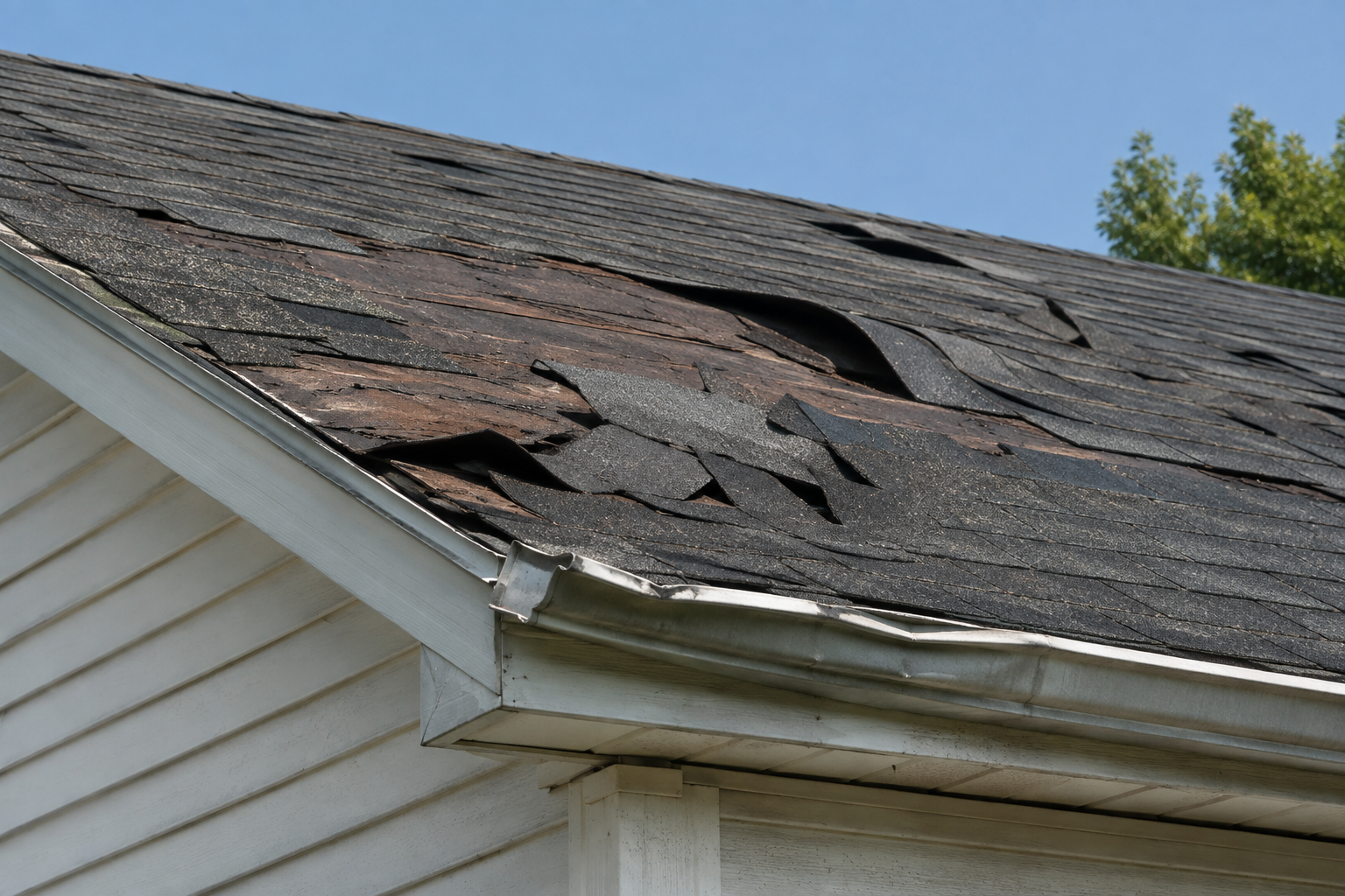 Wind damage on asphalt shingles