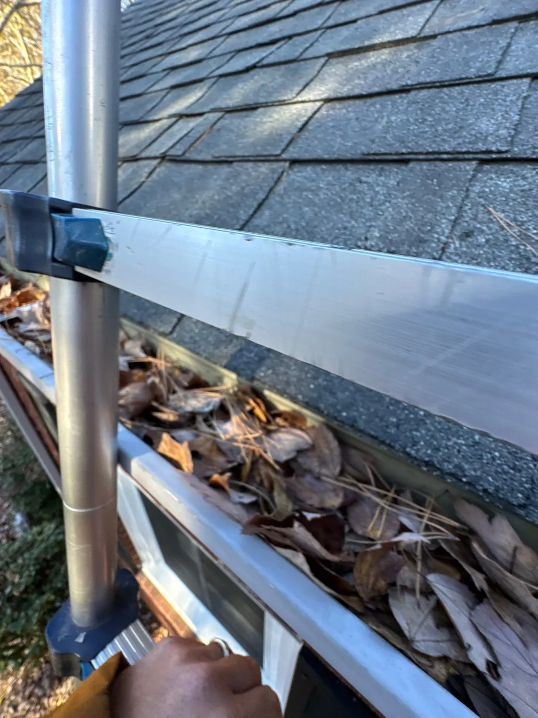 Gutters full of leaves found during a roof inspection in Archdale, NC
