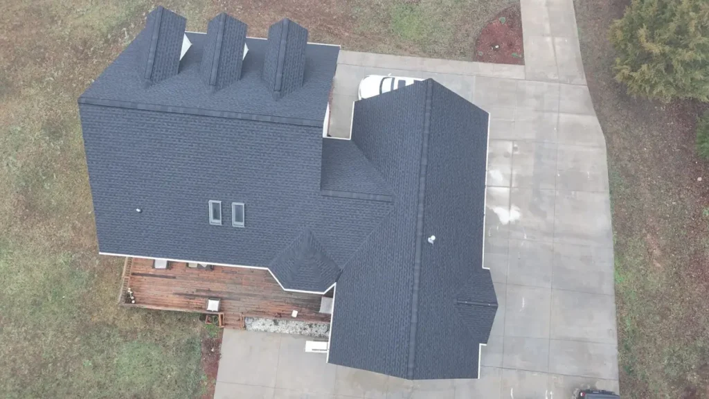 Drone view of a new shingle roof on a home in Lexington, NC