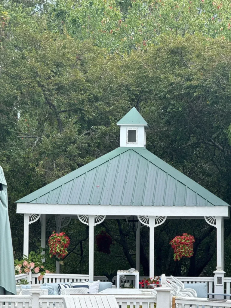 Garden gazebo in Sparta, NC with its old green metal roof before replacement