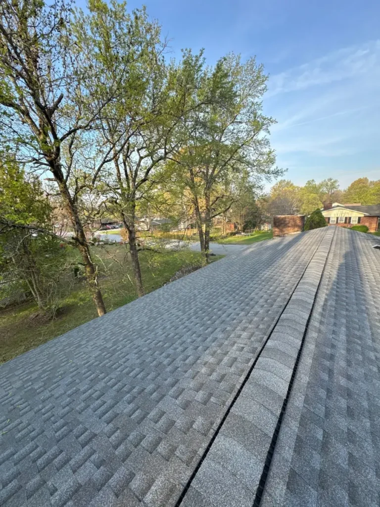 Ridge of a new architectural shingle roof in Thomasville, NC